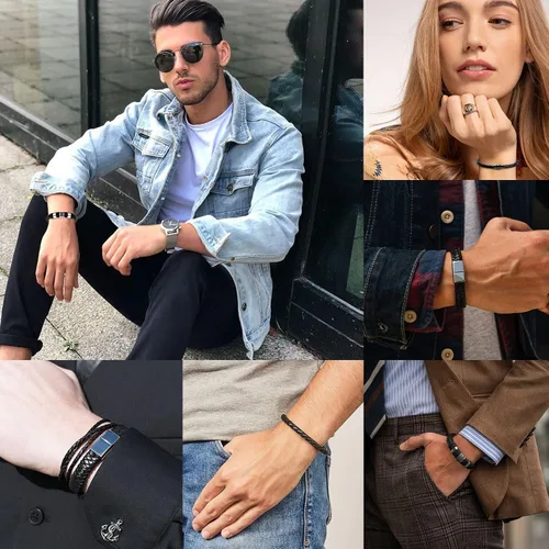 Vista 6 de LOWNOUR Pulseras para hombres, hechas a mano, de cuero, para hombres, trenzadas, negras, regalos para hombres, cuero y acero, 8.5 pulgadas, Cuero
