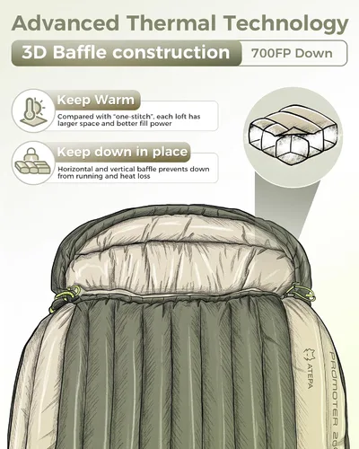 Vista 6 de ATEPA Down Sleeping Bag, 700FP Cold Weather Wide XL 3 Season Double/Single Sleeping Bags for Adults with Compression Sack for Camping Backpacking