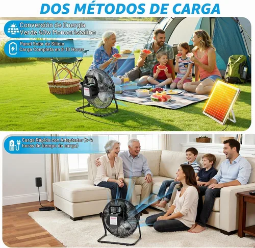 Vista 4 de DBF Ventilador solar de 20 pulgadas para exteriores, ventilador de piso recargable de 30000 mAh con panel solar de 40 W, 18 velocidades, tiempo