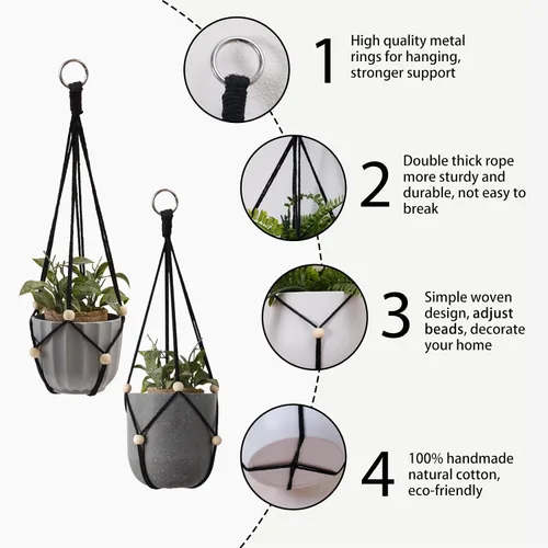 Vista 3 de Artilady Maceta Colgante Negra para Plantas de Interior Colgador de Plantas de Macramé Soporte Colgante Grande para Plantas con Cuentas Ajustables