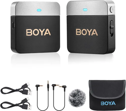Vista 8 de BOYA Micrófono Lavalier inalámbrico de 2.4 GHz Duan Channel Sistema de micrófono inalámbrico con transmisor y 1 receptor para cámara iPhone