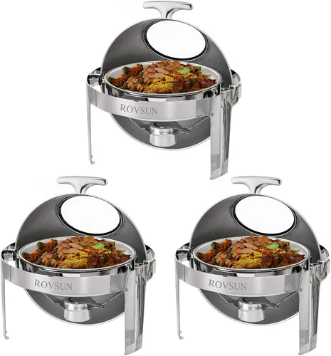 Vista 10 de ROVSUN Juego de bufé de platos de roce con tapa enrollable, 6 cuartos de galón de acero inoxidable redondo para catering, servidores de buffet