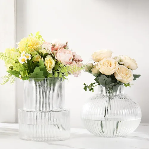 Vista 40 de Jarrones de vidrio acanalado, juego de 2 jarrones estriados para flores, florero de vidrio ámbar para tulipanes, jarrón moderno para sala de estar