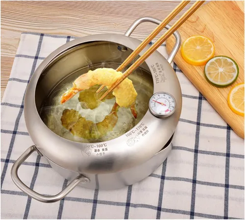 Vista 5 de Olla para freír Tempura de acero inoxidable, mini sartén profunda con escurridor, con termómetro de 7.9 pulgadas (7.9 in) (A)