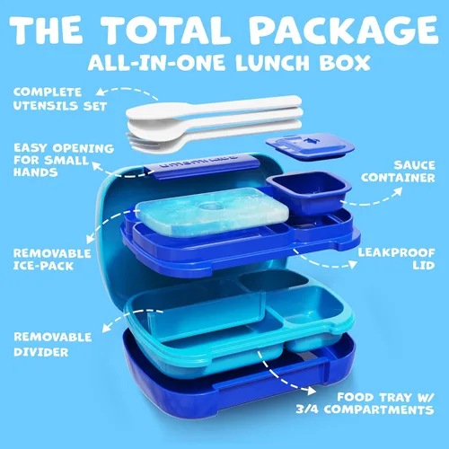 Vista 3 de Umami Lonchera Bento todo en 1 para niños, paquete de hielo y utensilios incluidos, 100% a prueba de fugas y sin BPA, lonchera favorita de los Azul