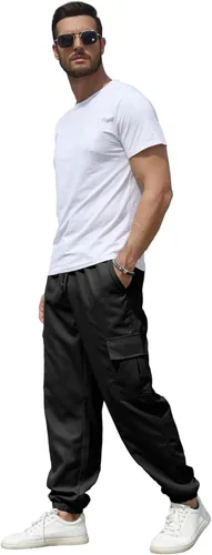 Vista 5 de Uni Clau Pantalones cargo para hombre, casuales, sueltos, ligeros, para senderismo, exteriores, bolsillos grandes y altos