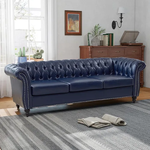 Vista 34 de QHITTY Sofá grande Accent, sofá Chesterfield de 3 plazas moderno de cuero, sofá tapizado con respaldo copetudo para muebles de sala de estar (negro)