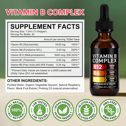 Vista 5 de Complejo de vitamina B, vitaminas orgánicas del complejo B para mujeres, líquido complejo de vitamina B, vitamina B12 metilcobalamina, b6, B1, B9