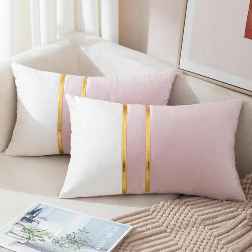 Vista 30 de ZLINA Juego de 2 fundas de almohada decorativas de terciopelo verde aguamarina y blanco con parches y cuero dorado de 16 × 16 pulgadas, fundas