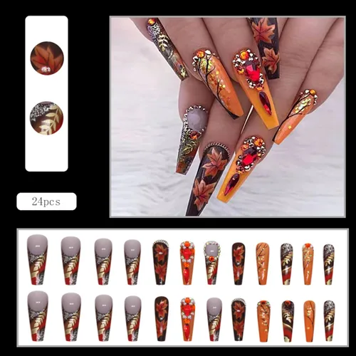 Vista 6 de 24 uñas postizas largas a presión con diseño de ataúd con diamantes de imitación, uñas postizas de cobertura completa, uñas postizas de otoño