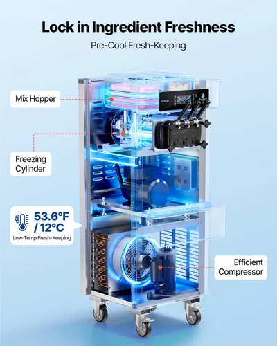 Vista 2 de VEVOR Máquina de helados comercial, 20-28L/H de rendimiento 2200 W, máquina de helado suave independiente con 3 sabores, 2 tolvas de 6 L, bomba