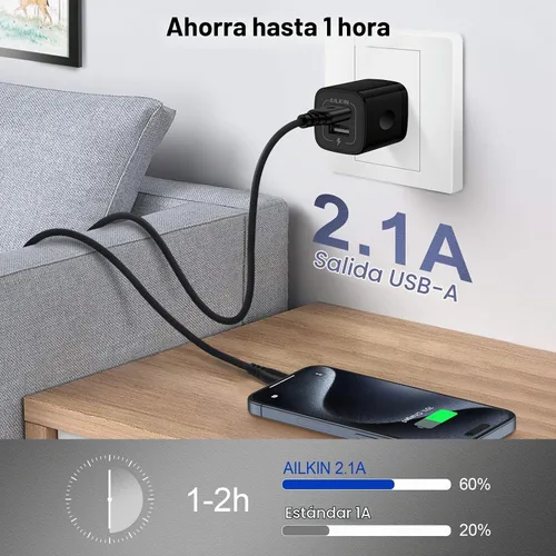 Vista 6 de Cargador de pared USB, AILKIN 2.1A de doble puerto USB, adaptador de cargador de pared, enchufe de carga rápida, caja de alimentación ac 5 V, bloque