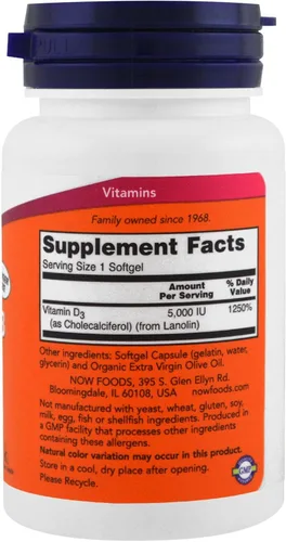 Vista 3 de Now Foods Now Supplements, vitamina D-3 5,000 UI, alta potencia, soporte estructural*, 240 cápsulas blandas (paquete de 4)