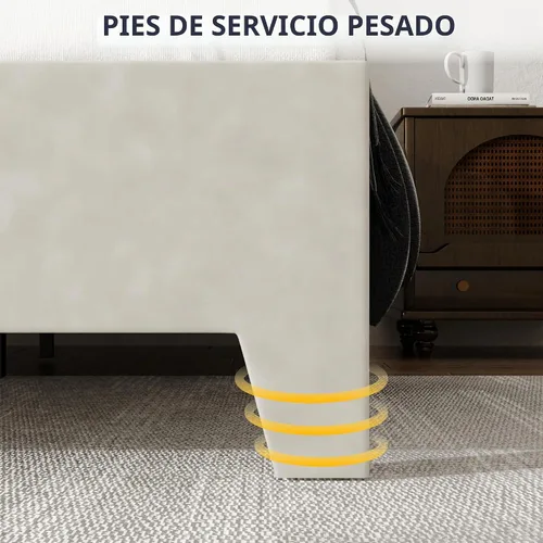 Vista 6 de Base de cama tamaño matrimonial con cabecero tapizado de imitación de cuero, resistente al desgaste, fácil de limpiar, base para colchón, no Beige