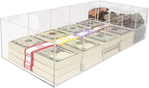 Vista 3 de Bandeja de dinero de acrílico con inserto de bandeja para monedas, organizador de efectivo transparente de 5 compartimentos, caja de almacenamiento