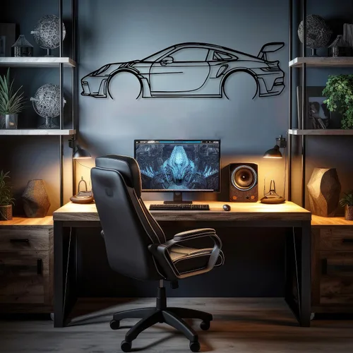 Vista 3 de DecoSoul Arte de Pared de Metal con Silueta de Coche 911, Coche Deportivo, Decoración de Línea de Silueta Automotriz, Cueva de Hombre, Regalo