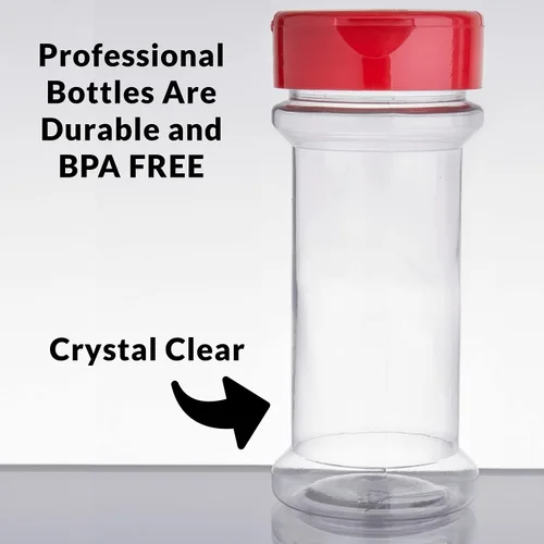 Vista 4 de Skyway Supreme - Botellas de plástico transparente de 7 onzas para condimentos, juego de 5, tapa con solapa para verter y tamizar especias