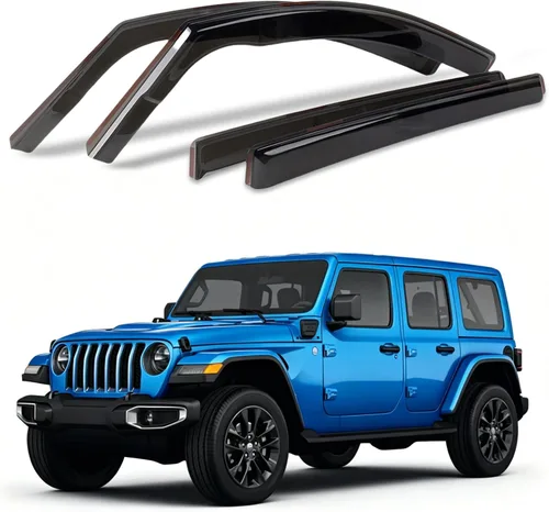 Vista 45 de Viseras de ventana compatibles con Wrangler JK de 4 puertas 2007-2018, protectores de lluvia negros en canal, 4 deflectores de ventana lateral