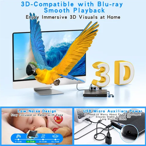 Vista 4 de Dainty Unidad Blu ray externa 7 en 1 lectura/escritura con quemador Bluray USB 3.0 y tipo C compatible con/Windows7-11 Mac OS Soporte para unidad