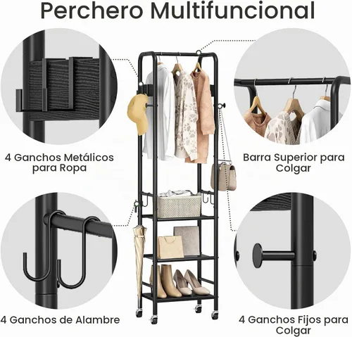 Vista 3 de CHOEZON - Perchero con ruedas para ropa con 3 estantes, color negro