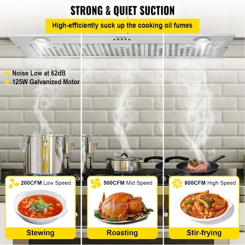 Vista 3 de VEVOR Campana de Ventilación Integrada, 800CFM 3-Velocidades, Campana de Cocina de Acero Inoxidable de 36 Pulgadas con Control de Botón de Impulso