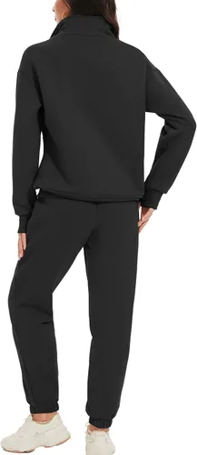 Vista 4 de PEHMEA Conjunto de 2 piezas para mujer, sudadera suelta con cuello vuelto y pantalones cortos con cordón
