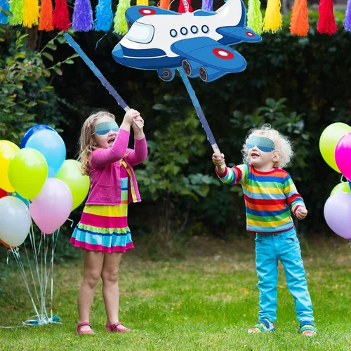 Vista 7 de Piñata de avión de 16.1 x 10.31 pulgadas, piñata patriótica roja, azul y blanca con palo para los ojos vendados, confeti, fiesta de cumpleaños