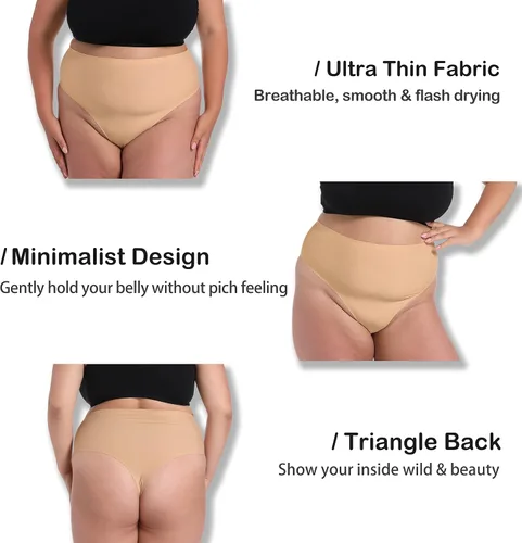 Vista 4 de Tanga de algodón acanalado transpirable sin costuras de cintura alta para mujer, ropa interior de talla grande