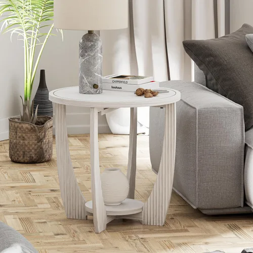 Vista 12 de COZAYH Mesa auxiliar rústica de granja con estante de almacenamiento, mesa lateral redonda moderna de estilo campestre francés para espacios Azul