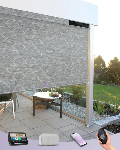 Vista 12 de Graywind Persianas enrollables motorizadas para exterior para patio compatibles con Alexa Google, cortinas solares inteligentes para exteriores