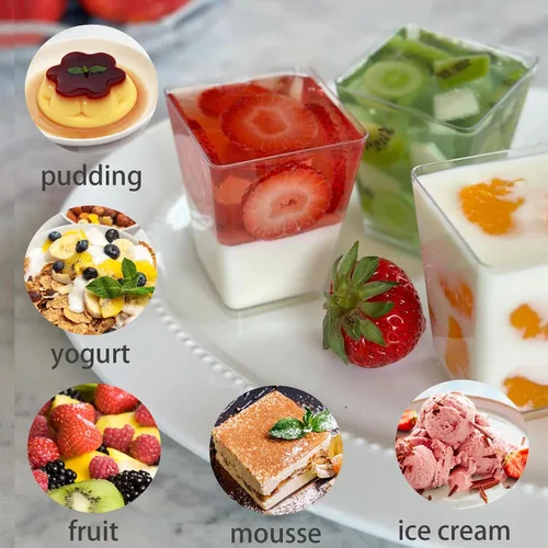 Vista 5 de Hiasobre Paquete de 100 vasos de plástico de 5 onzas para postre con tapas y cucharas, tazas reutilizables de parfait transparente, vasos cuadrados