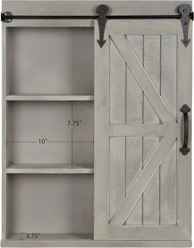 Vista 3 de Kate and Laurel Cates - Armario decorativo de madera para almacenamiento de pared con espejo rectangular y puerta corrediza de granero, 22 x 28 Gris