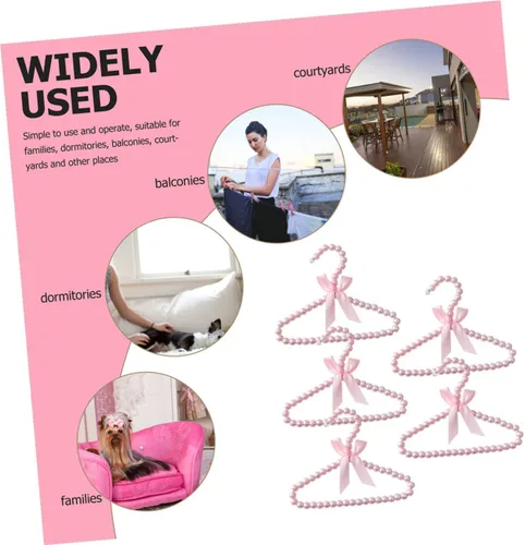 Vista 3 de 5 piezas de perlas rosadas pequeñas perchas de ropa con perlas de imitación con lazo de cinta para mascotas, perros, gatos, ropa de bebé