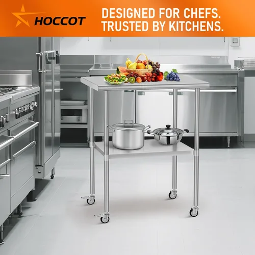 Vista 7 de Mesa de acero inoxidable con ruedas de 24 x 30 pulgadas, mesa de trabajo utilitaria con estante inferior ajustable para cocina comercial, garaje