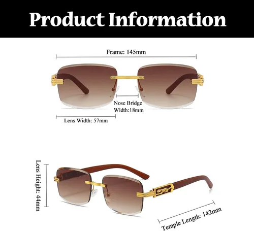 Vista 3 de LJCZKA Lentes de sol cuadrados sin montura para mujeres y hombres, retro, rectangulares, sin marco, lentes de sol steampunk de lujo tintados