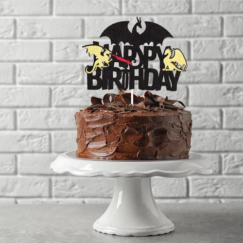 Vista 2 de Decoración para pastel de cumpleaños con purpurina negra de dragón de fuego, juegos de decoración de fiesta de dragón para niños y hombres