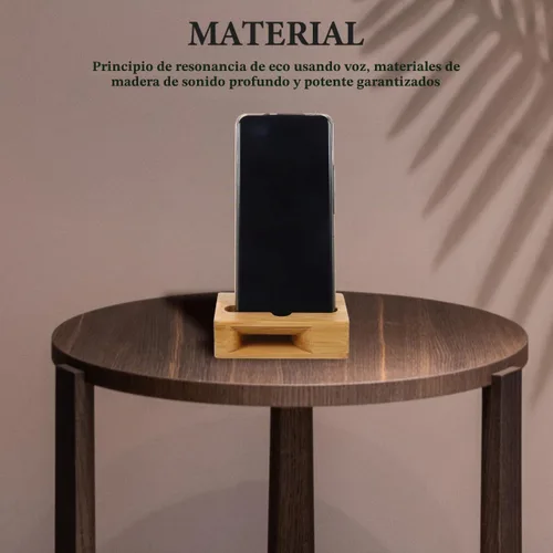 Vista 2 de Soporte de madera de bambú para teléfono con amplificador de sonido, soporte universal de escritorio para ver videos y llamadas, compacto, 3.9 x 2.4