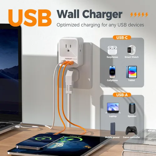 Vista 2 de Divisor de enchufe de pared múltiple, extensor de protector de sobretensión TESSAN de 4 salidas con 3 bloques de carga USB (2 USB C), expansor
