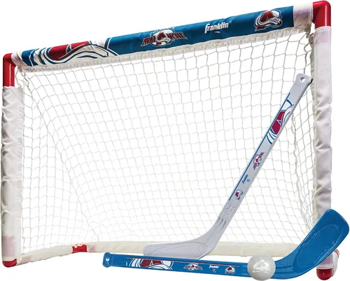 Vista 14 de Franklin Sports NHL - Juego de mini hockey para niños, portería de hockey sobre rodilla, pelota + 2 palos, juego de juguetes para interiores