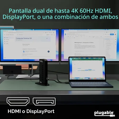 Vista 4 de Plugable Estación de acoplamiento dual DisplayPort y HDMI - Dock USB 3.0 y USB-C para portátil para monitores duales, DisplayLink, Mac