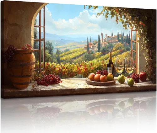 Vista 8 de crmotu Vineyard Arte de Pared de Ventana Falsa, Obra de Arte Grande de Paisaje de Campo Italiano, Impresiones de Campos de Uva Decoración de Pared