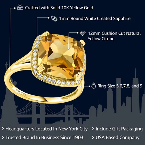 Vista 2 de Gem Stone King Anillo de oro amarillo de 10 quilates con piedra natal y zafiro blanco creado para mujer, cojín de 0.472 in, anillo de compromiso