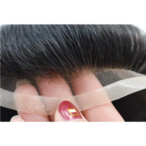 Vista 5 de Tupé de encaje suizo para hombres, piezas de cabello humano real, encaje frontal, sistema de reemplazo de cabello tipo tupé, nudo blanqueado, línea