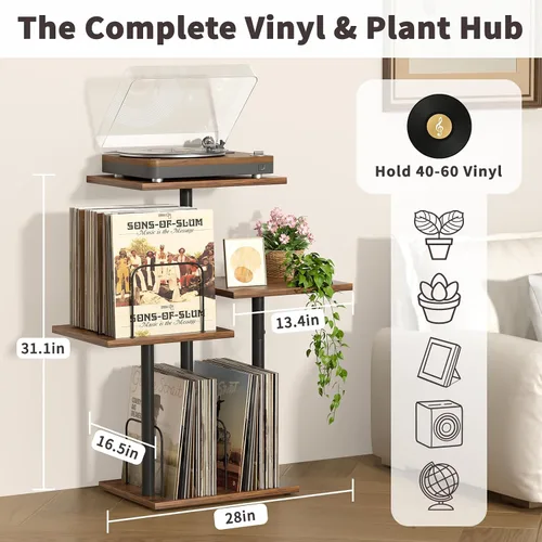 Vista 6 de Bikoney - Soporte Botánico para Tocadiscos con Almacenamiento de Vinilo, Mueble de Mesa para Tocadiscos de Madera con Estante para Discos LP