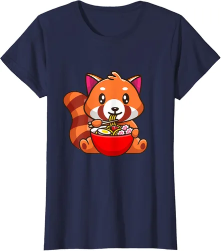 Vista 20 de Camiseta Kawaii Anime Red Panda Eating Ramen Noodles, Negro, S