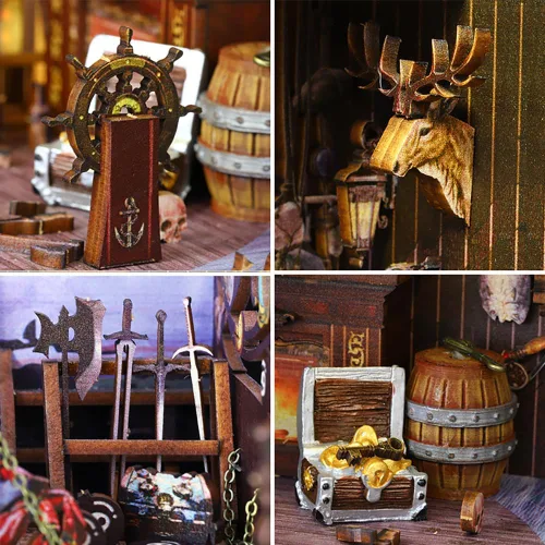 Vista 6 de Kit de rincón de libros, barco pirata, bricolaje, casa de muñecas en miniatura, decoración de estantería de madera 3D para adultos, soporte de casa
