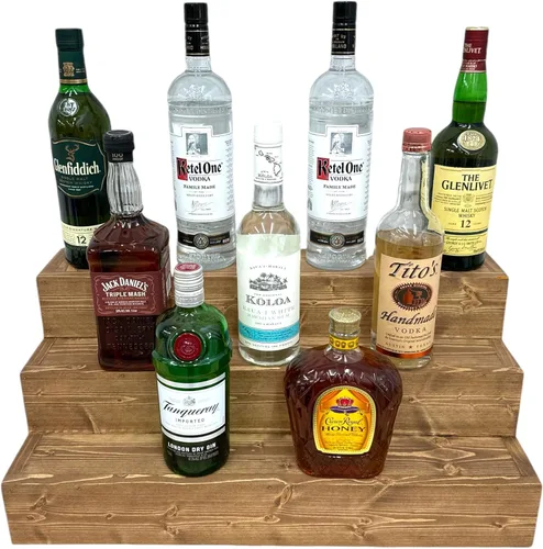 Vista 16 de Estantería de exhibición escalonada hecha a mano, exhibición de barra de tres niveles, organizador de barra, exhibición de botellas de licor