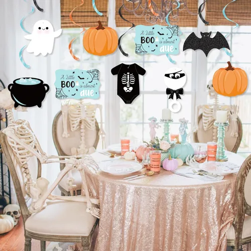 Vista 7 de K KUMEED Decoraciones de Halloween para baby shower, 20 piezas Blue A Little Boo is Almost Due Colgantes de remolinos para niños, decoración