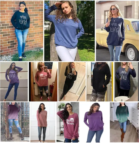 Vista 2 de ONLYSHE - Sudadera para mujer, cuello redondo, casual, holgada camiseta manga larga