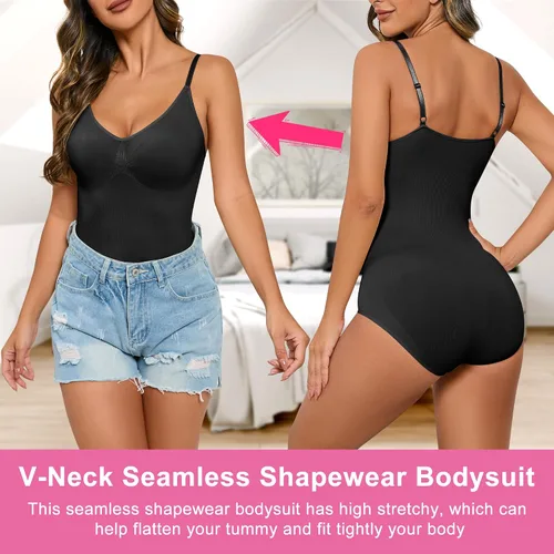 Vista 3 de HOMETA Body para mujer, sin costuras, con control de abdomen, cuello en V, sin mangas, camiseta sin mangas